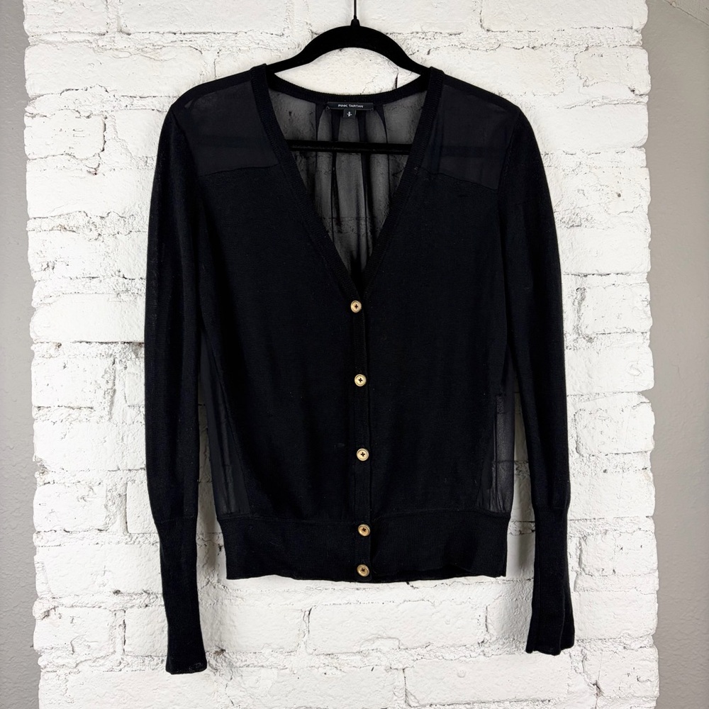 Pink Tartan Black Merino Wool Silk Gold Button Cardigan Sweater Small